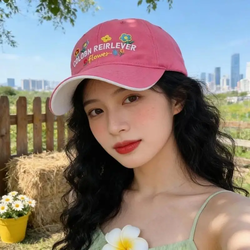 Adjustable Sunscreen Hat with Letter Embroidery Floral Pattern Lightweight UV Block Cap for Family Outdoor Picnics