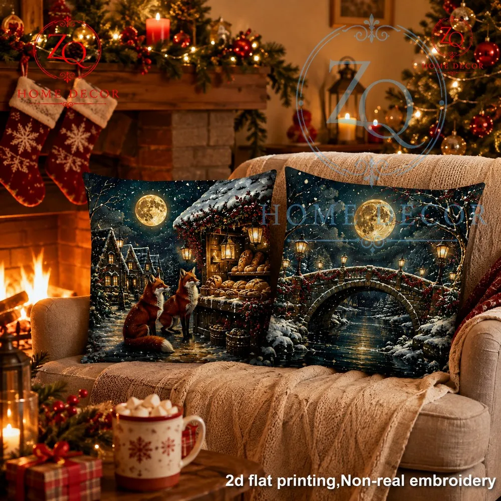 Winter Night Full Moon Stone Bridge Wer Feure Pillowcase Retro European Christmas mosphere Home Decor Pillowcase
