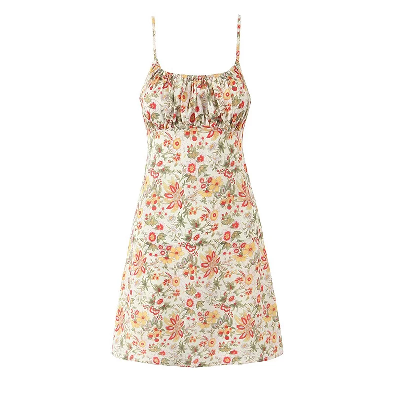 YENKYE Abito corto sexy con spalline con stampa floreale Abito corto da donna a vita alta A-line O Collo Abiti estivi Abito da vacanza