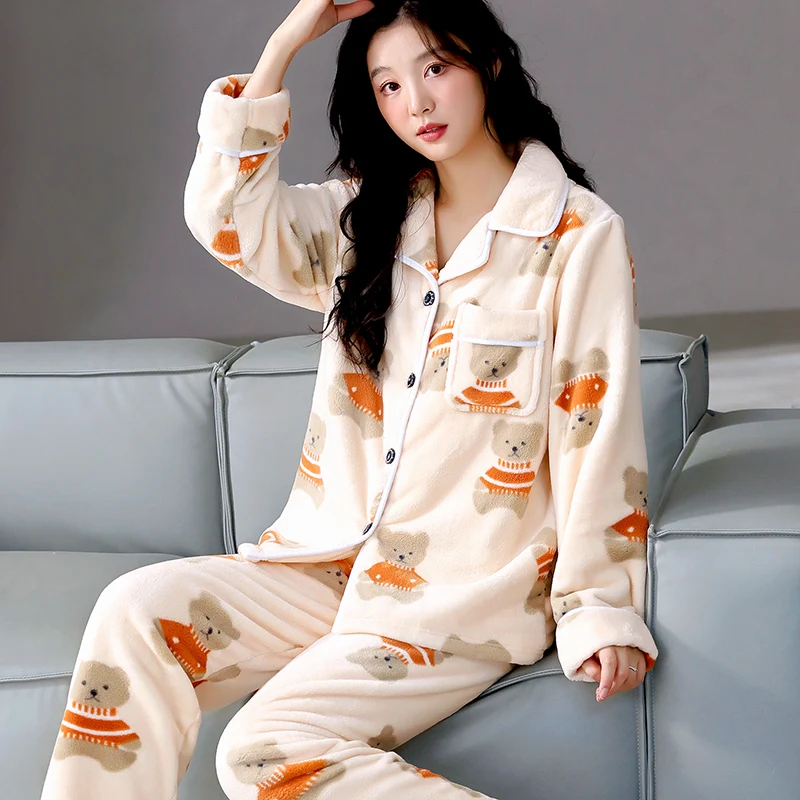 Luxury Winter Warm Thicken Flannel Pajama for Women Cardigan Button Sleepwear for Woman Comfort Soft Velvet Pyjama Pants 2 Piece