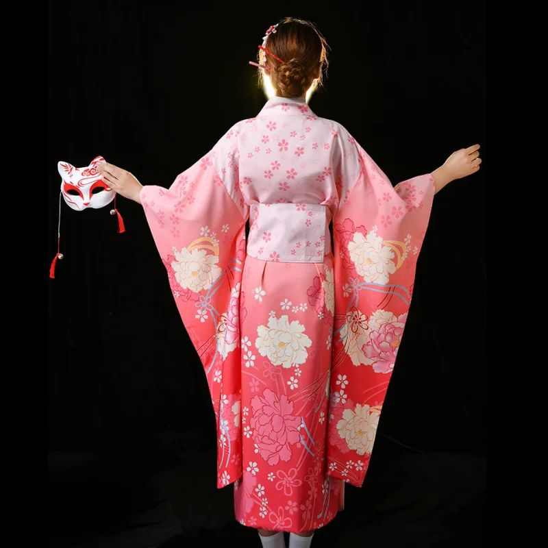 Divine Girl Cosplay Costume Pink Gradient Print Performance Attire Japanese Traditional Kimono Large Sleeved Nightgown for Women