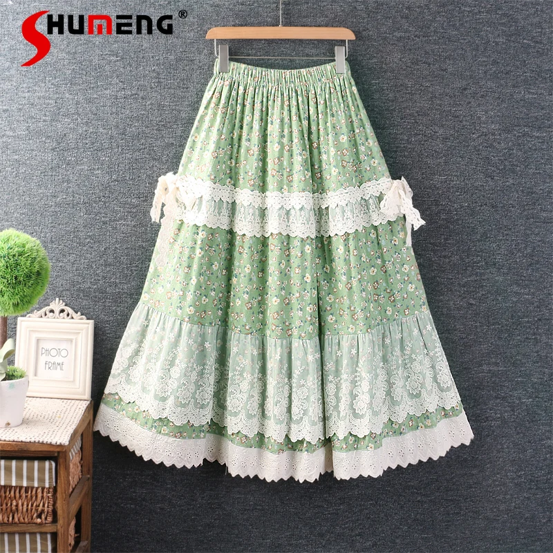 

Japanese Style Pastoral Mori Girl Elastic High Waist Floral Long Skirt Lace Splicing Loose Sweet All-matched A-line Skirt Women