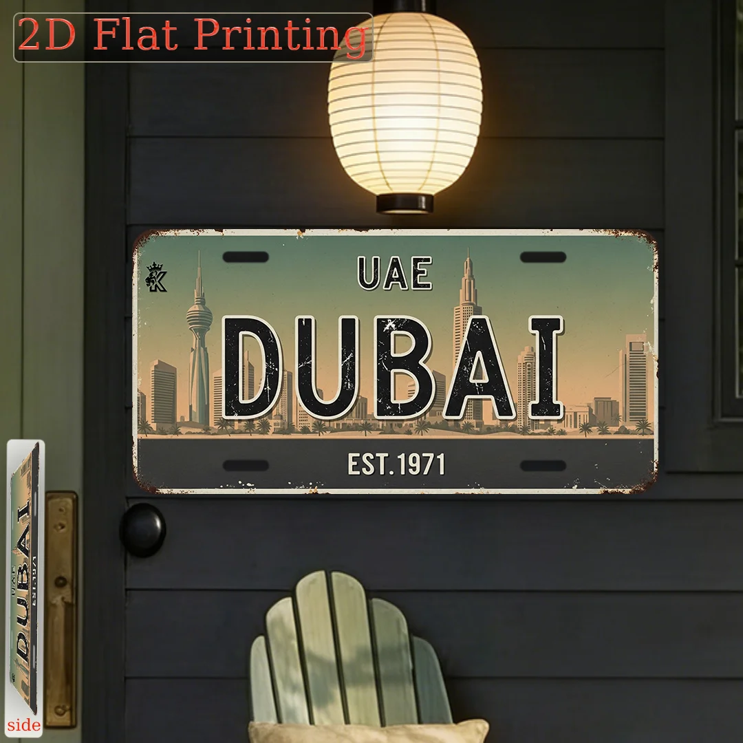 Dubai UAE EST.1971 License Plate AL Sign - Vintage Durable Metal Plaque Wall Decor, Home Office Bar Man Cave Wall Art