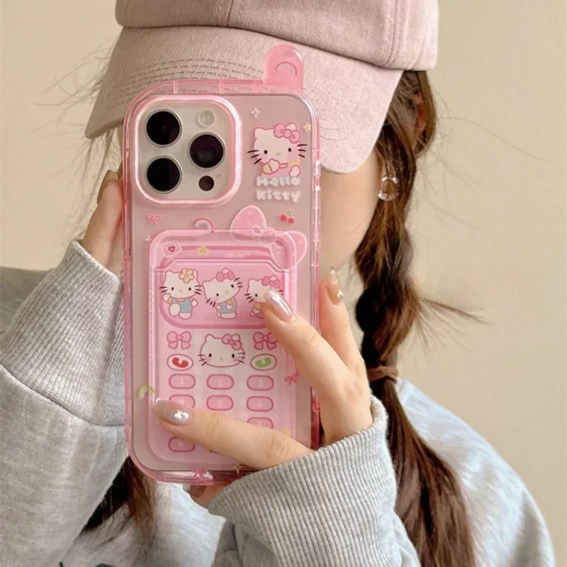 3D Cute Cartoon Sanrio Hello Kitty Card Wallet Pocket Phone Case For iPhone 15 14 13 12 11 Pro Max Clear Soft TPU Cover