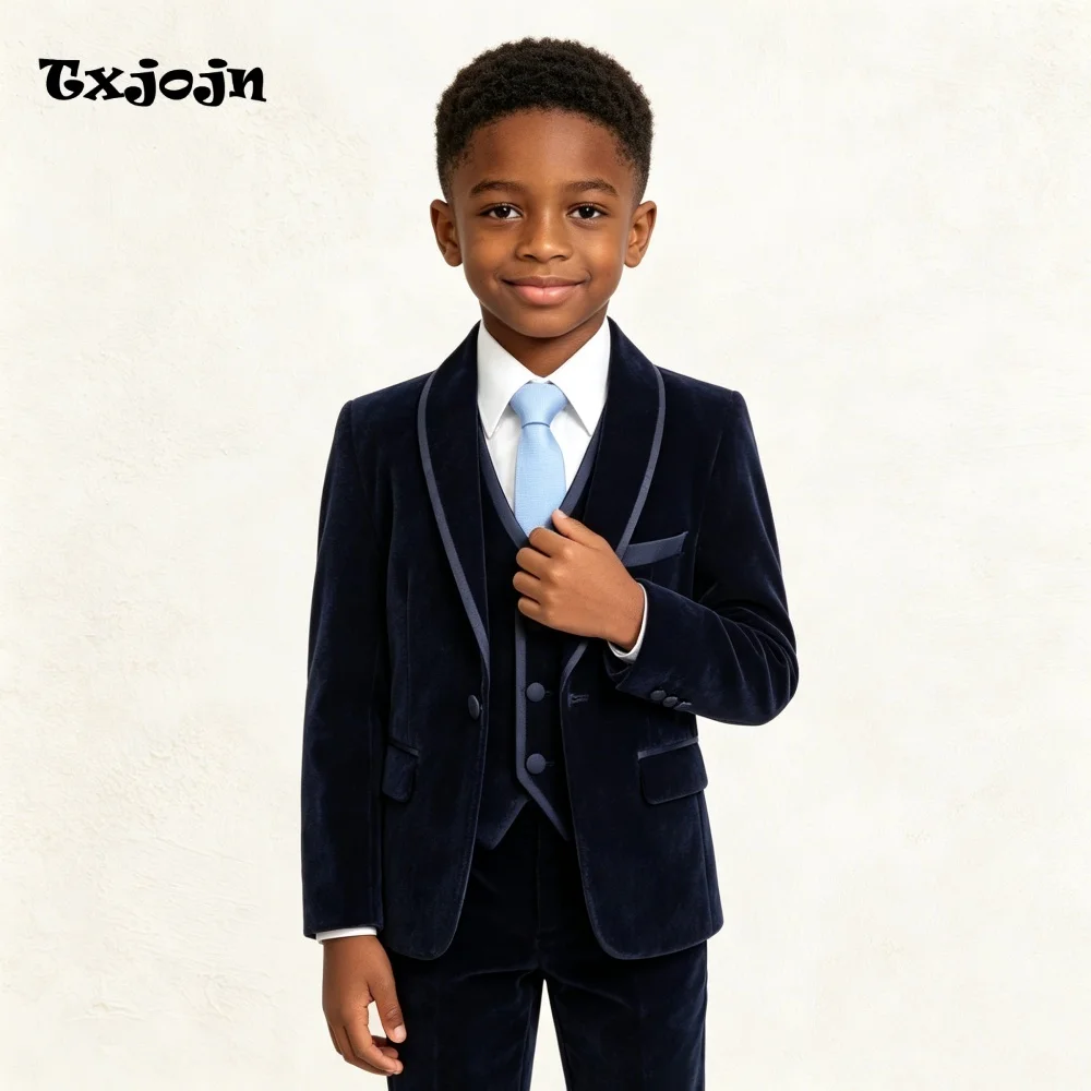 Formal Suit for Boys Wedding Tuxedo 3 Piece Velvet Jacket Vest Pants for Event Kids Blazer Set Slim Fit Tailored Outfit