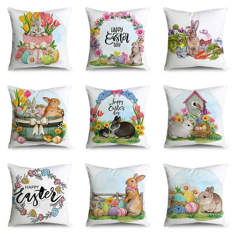 

Easter Egg Bunny Flower Pattern Pillow Case Sofa Ornaments Festive Atmosphere Decorative Cushion Cover