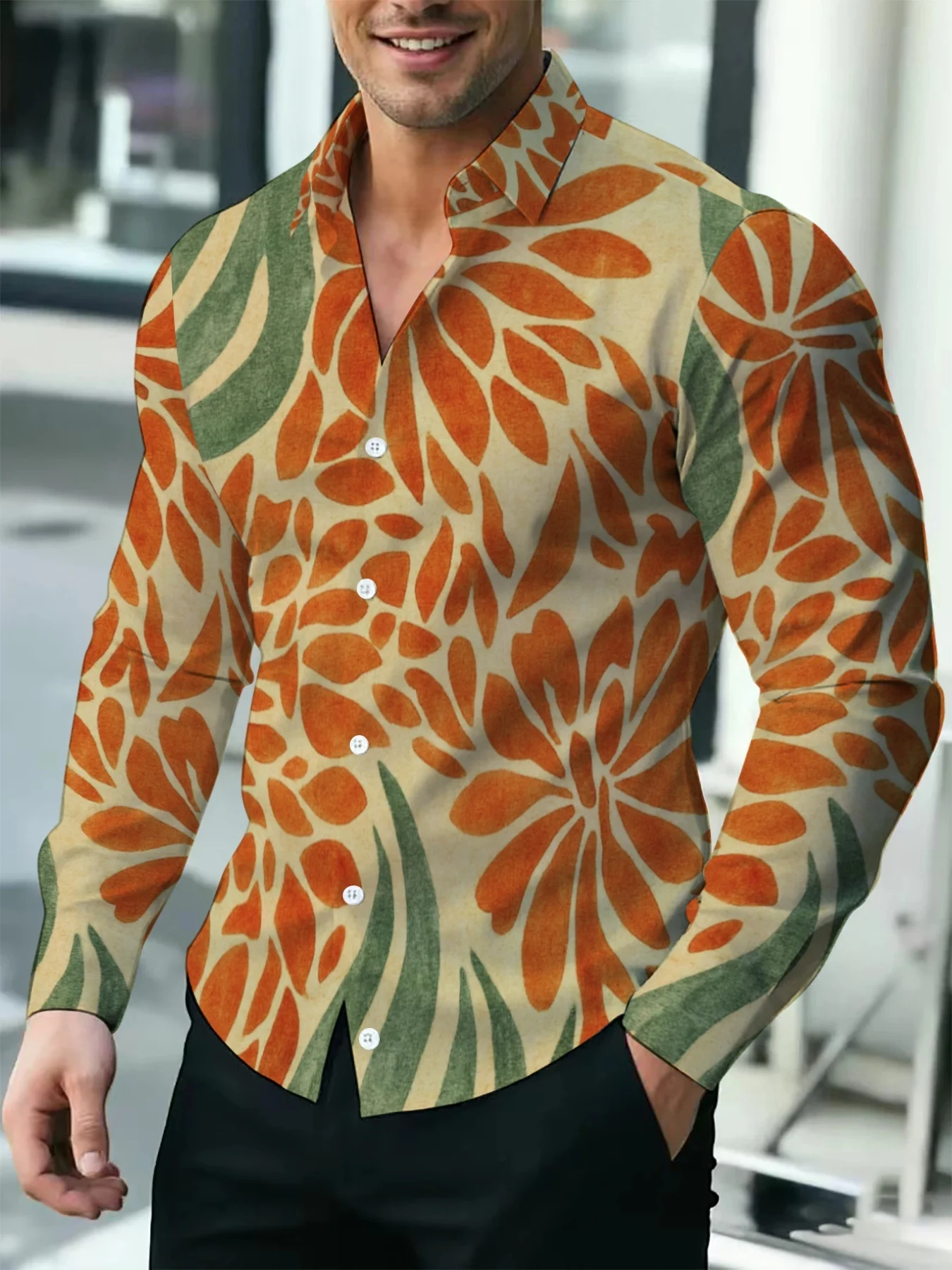 Men's Long Sleeve Shirt Autumn Retro Floral Leaf Print Lapel Button‑Up Casual Vacation Streetwear Men Clothing