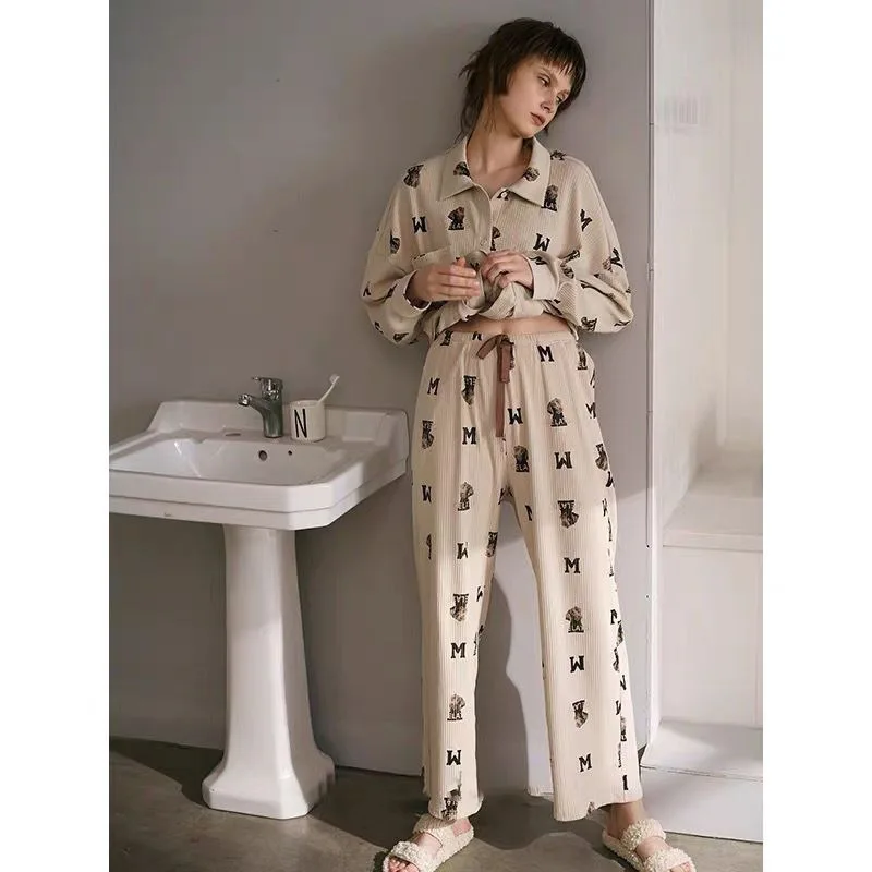 2023 New Korean Version Cotton Pajama Women Spring Autumn Long-sleeved Loungewear Cardigan Cute Nightwear Loose Homewear Set