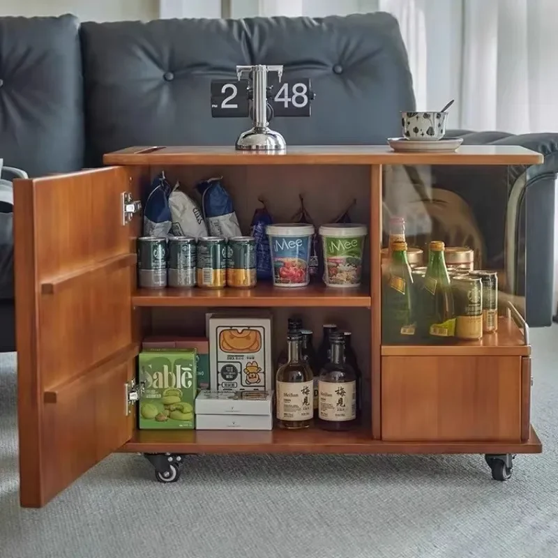 Retro Simple Solid Wood Tea Table Household Tea Table Mobile Sofa Side Cabinet Living Room Tea Cartn29