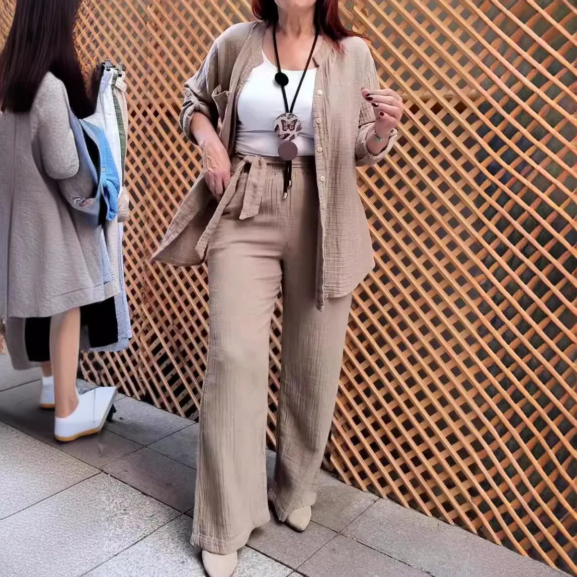 Women's Wrinkled Cloth Stand-up Collar Long-sleeved Shirt High Waist Lace-up Trousers Fashion And Casual Two-piece Set