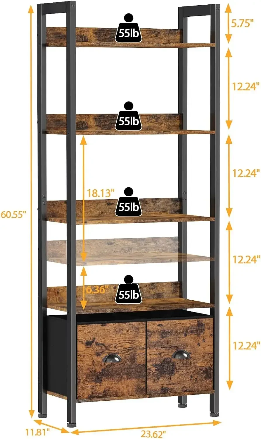 5-Tier Bookshelf, Tall Bookcase with 2 Storage Drawers, Industrial Display Standing Shelf Units, Wood and Metal Storage Shelf