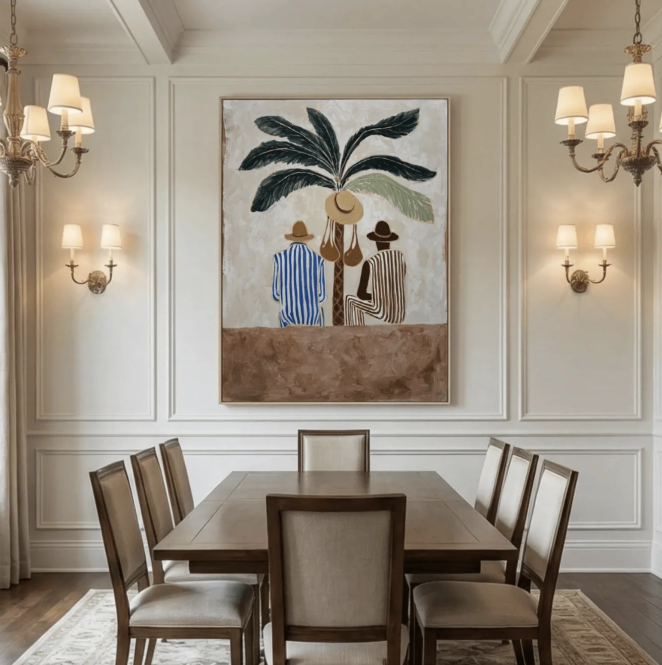 Neutral Tropical Palm Tree Canvas Prints, Retro Striped Two Men Coconut Tree Posters Living Room Bedroom Farmhouse Home Decor