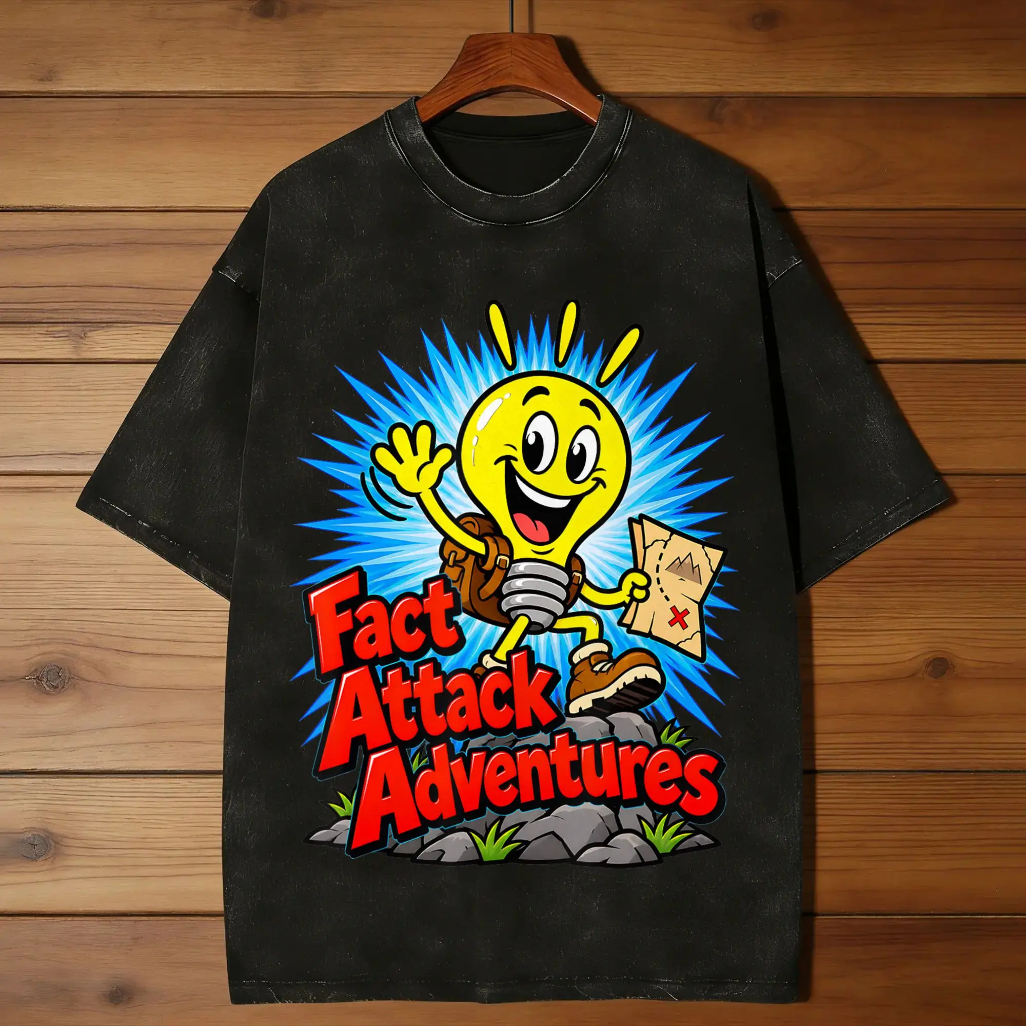 Vintage Fact Attack Adventures T-Shirt Men Round Collar Cotton Washed T Shirt  Short Sleeve Tee Shirt Birthday Gift Tops