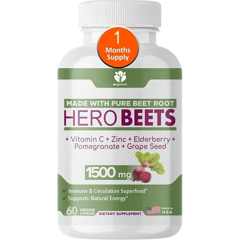 

Beetroot Capsules 1500mg - Vitamin C Zinc, Elderberry, Pomegranate, Grape Seed Extract -60 capsules