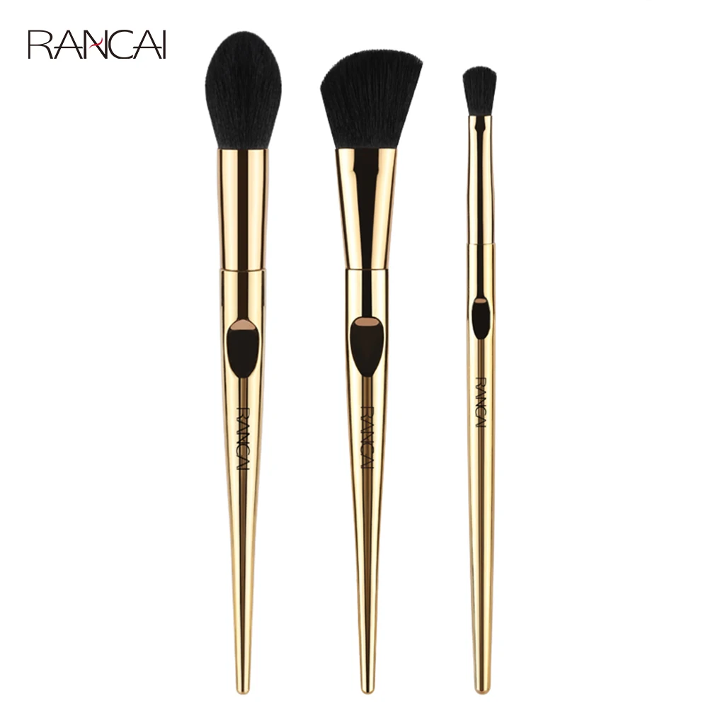 RANCAI 3 PCS Makeup Brushes Set Gold Contour Powder Blusher Eyeshadow Highlighter Brush Cosmetics Blending Detail Make Up Beauty