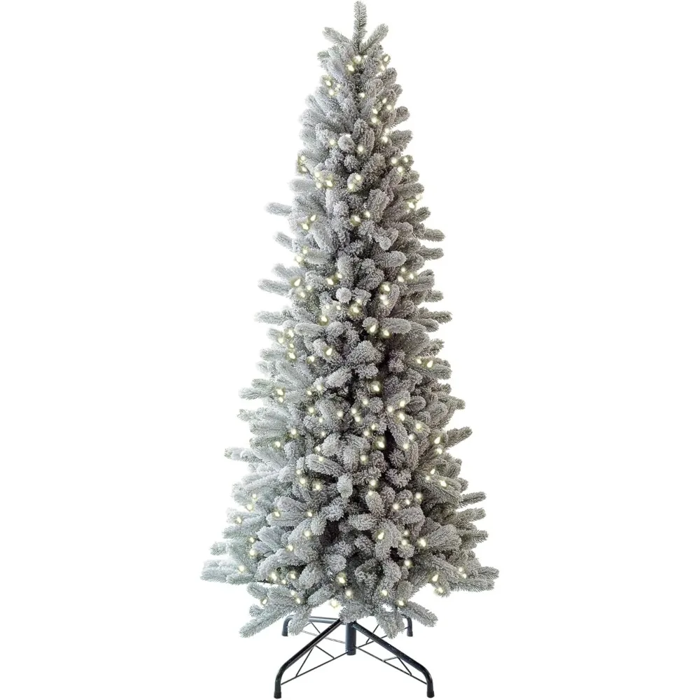 8ft Artificial Christmas Tree with Warm White LED Lights, Flocked Christmas Tree, with Hinged Sections and Metal Stand