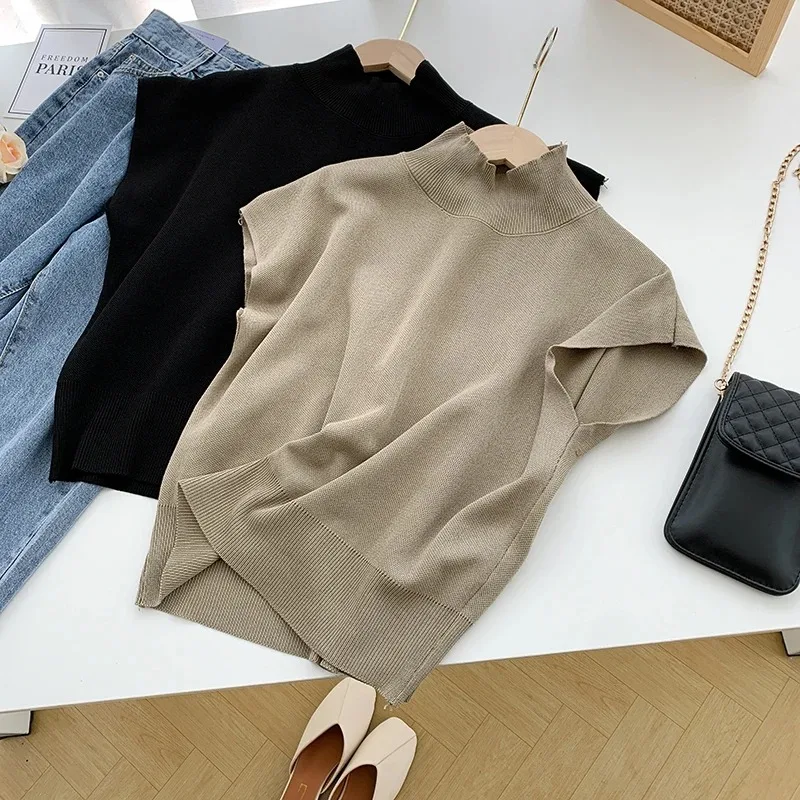 Fashion Knitted Vest Shirt Solid Color Half High Collar Short Sleeve Tops Office Lady Loose Elegant All-Match Women Blouse 20397