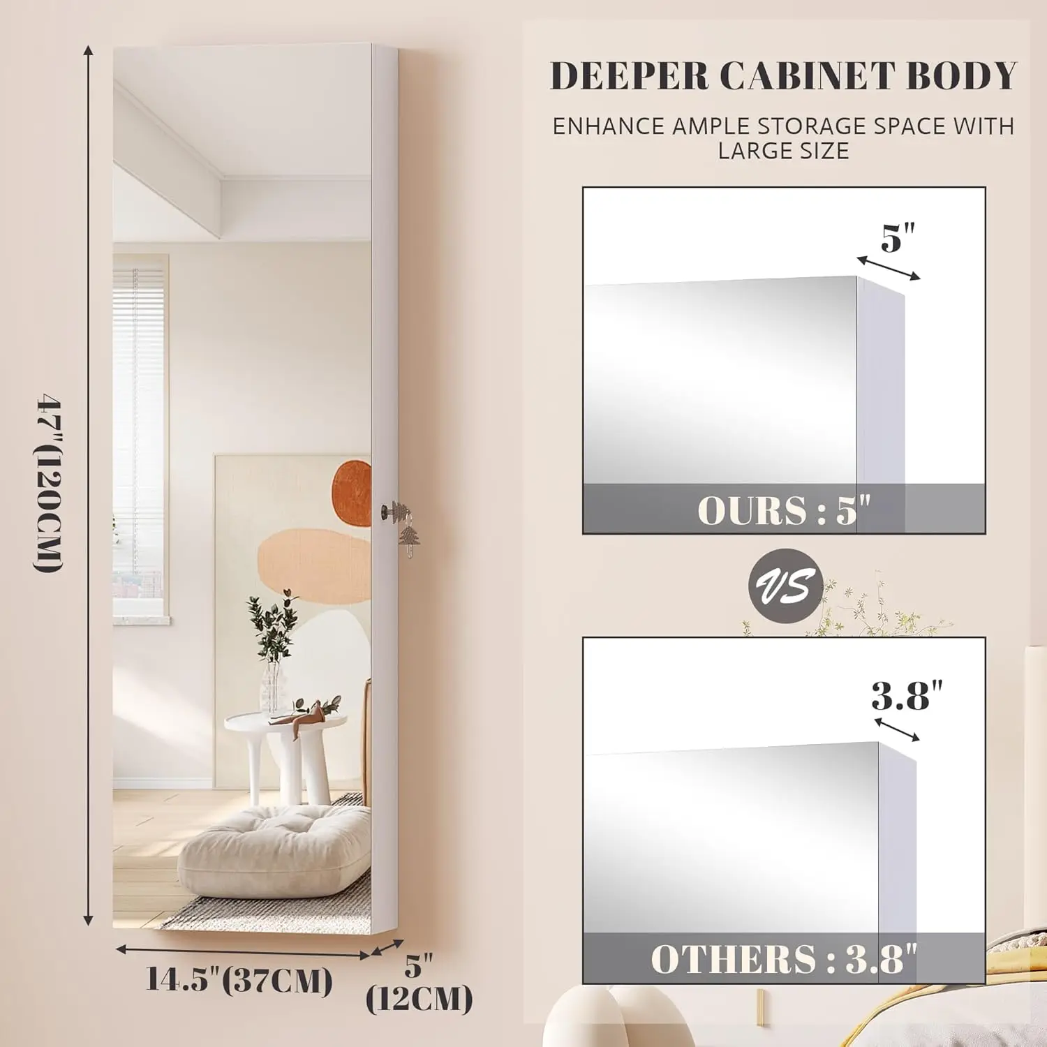 47,2" LED-sieradenspiegelkast, aan de muur/deur gemonteerde sieradenkastorganizer met spiegel over de volledige lengte, grote opbergkast, hangende cabine