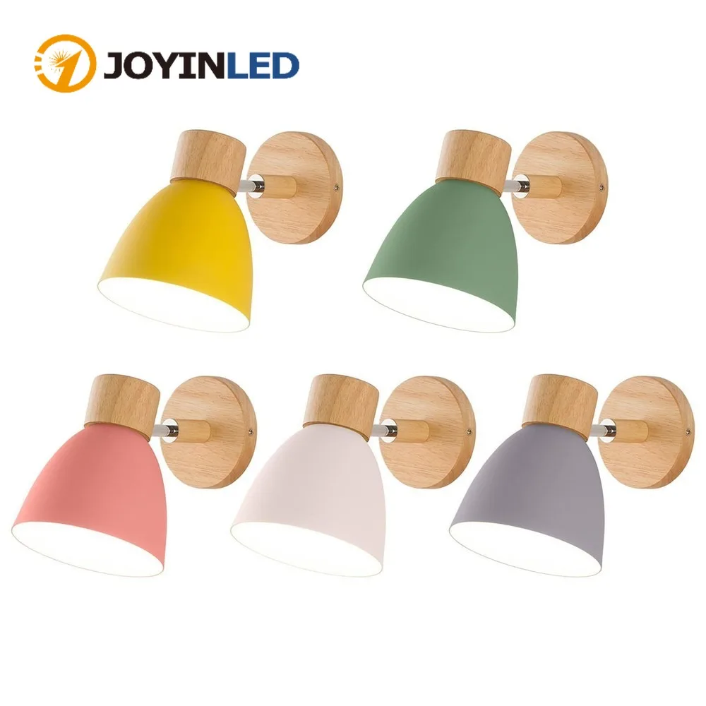 

Светодиодный деревянный настенный светильник в скандинавском стиле, современное настенное бра для спальни, гостиной, домашнего освещения Macaroon, 6-цветное рулевое управление, основание E27/E26.