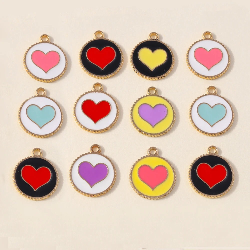 10pcs Kawaii Enamel Colorful Round Love Heart Charms Pendants for Necklaces Earrings DIY Handmade Jewelry Making Accessories