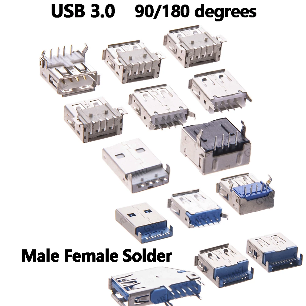 5PCS USB 3.0 USB-3.0-AF AM Type Port Male Female Solder Jacks Connector PCB Socket For USB Interface Port 90/180 degrees
