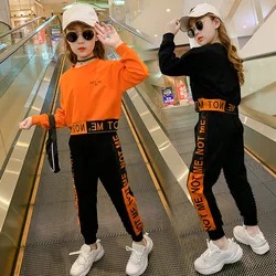 2024 Autumn Kids Girls Tracksuit Letter Long Sleeve Sweatsuit Teenager hoodie + striped pants Clothing Set 4 6 8 10 12 Years