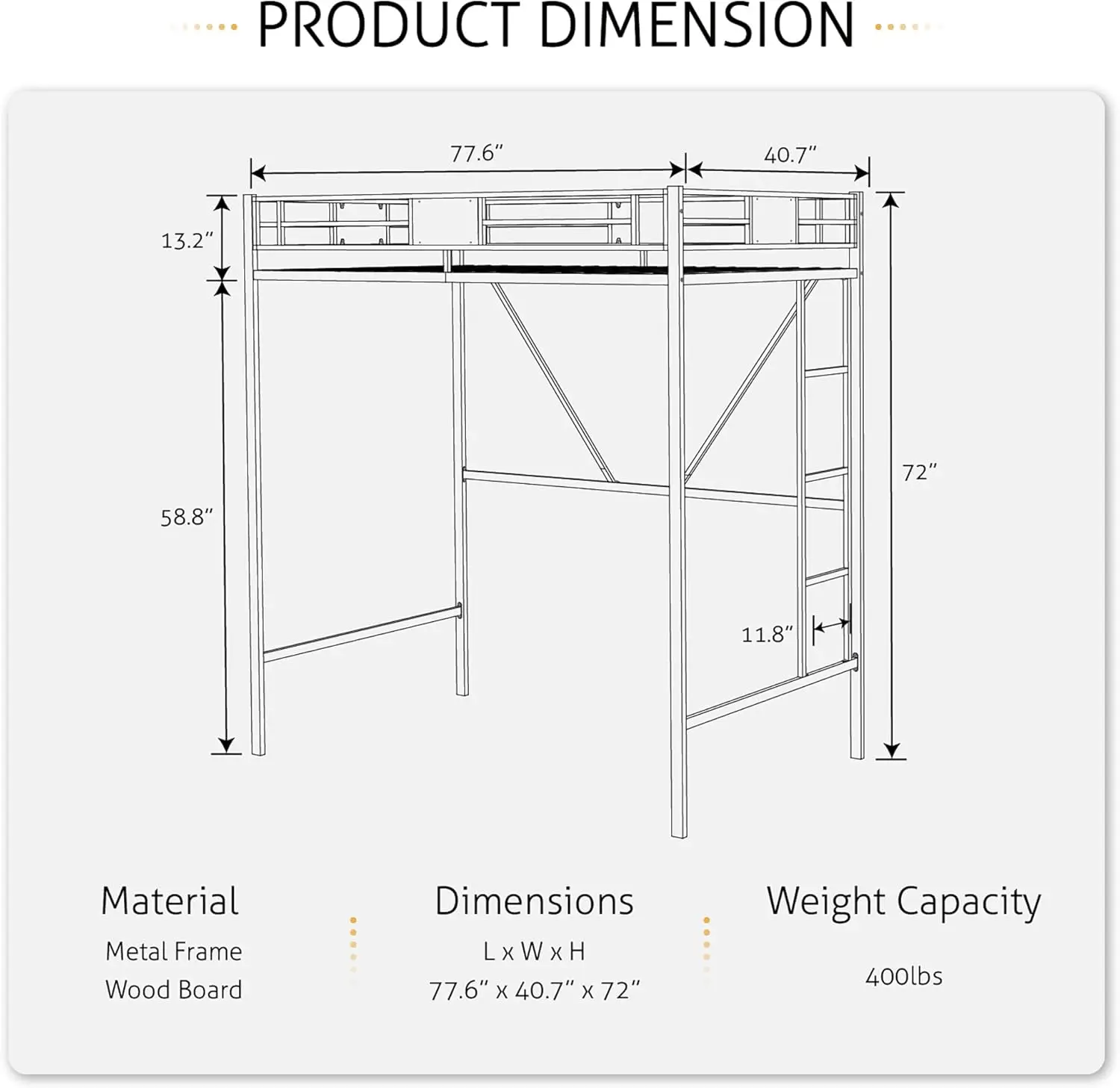 Estrutura de cama alta dupla de metal com escadas e guarda-corpo de comprimento total, economia de espaço, juniores e adultos, sem ruído, preta