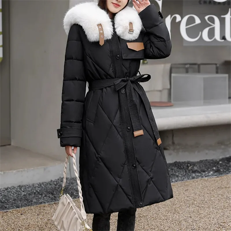 2024 Winter New Korean Fashion Puffer Coat Jacket Loose Parkas Women Fur Stand Collar Down Jacket Long White Duck Parkas Outwear