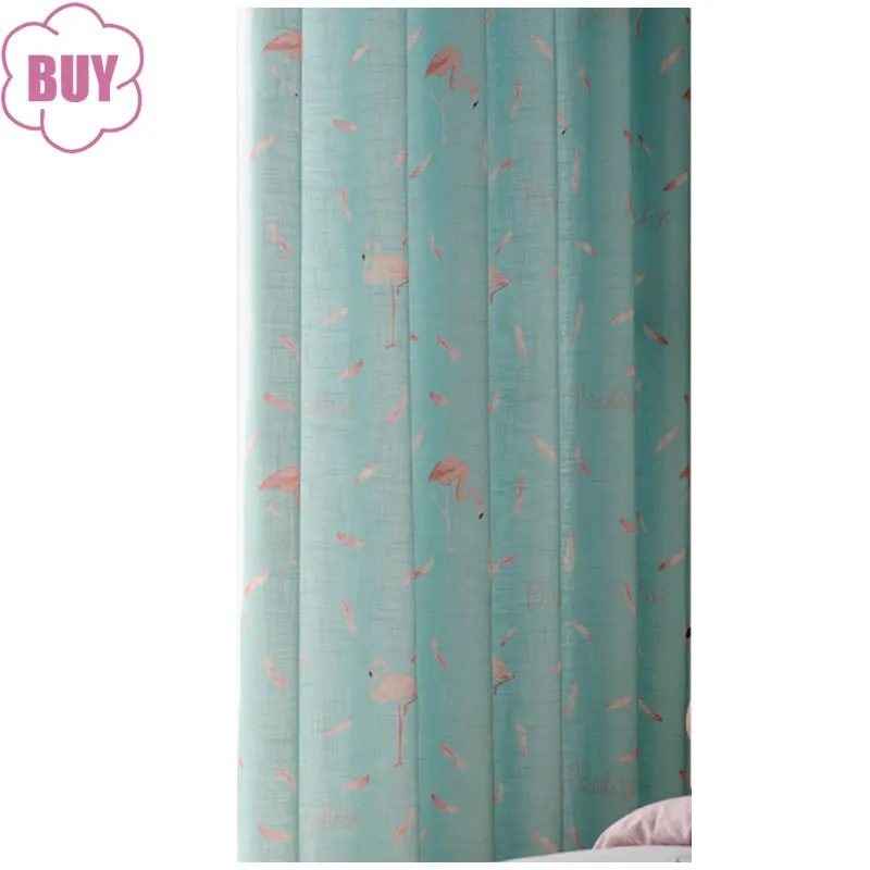 Nordic Curtains for Living Dining Room Bedroom Mint Green Flamingo Cotton Linen Semi-shading Children's Room Curtain Custom