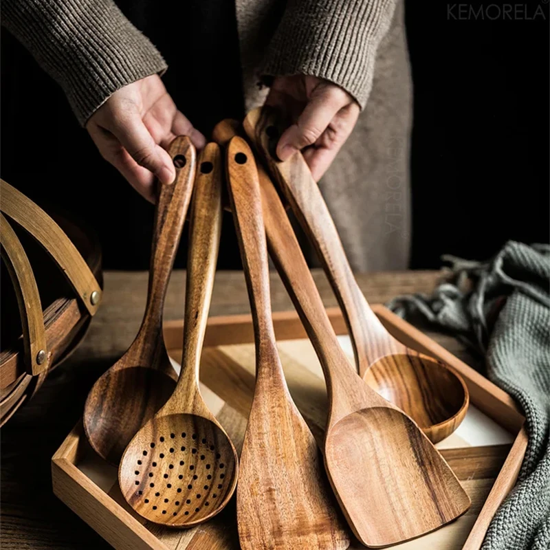 4/7Pcs Teak Natural Wood Tableware Spoon Ladle Turner Long Rice Colander Soup Skimmer Cooking Spoons Scoop Kitchen Tool Set