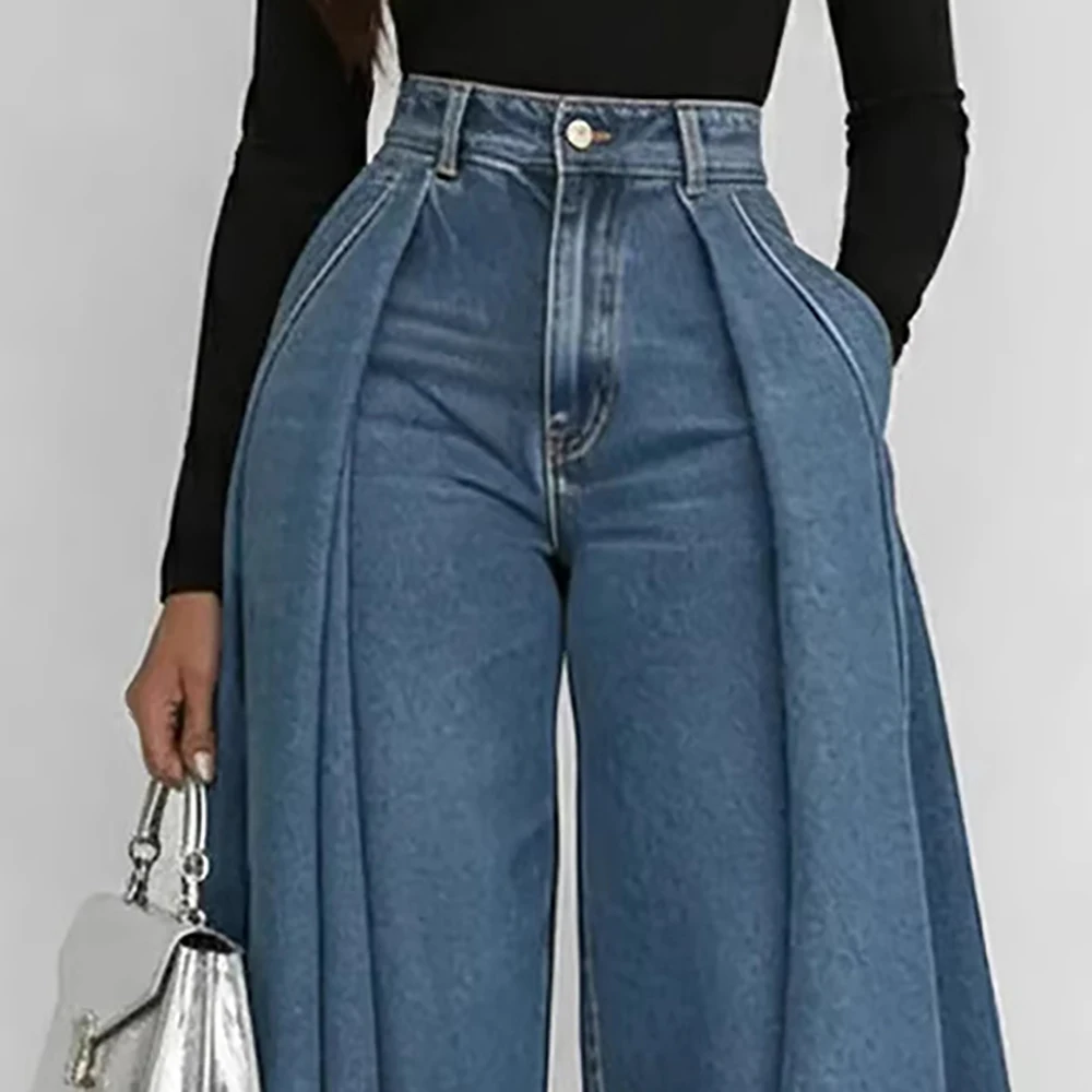 Women's High Waisted Wide Leg Jeans Overlay Flare Denim Pants With Pockets For Female High Street Elegant Fashionable Long Jeans
