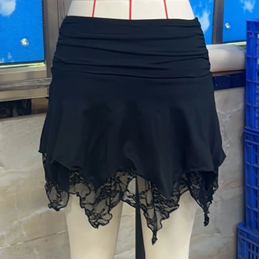 

Women Summer Asymmetrical Mini Skirt Ruched Low Rise Soild Patchwork Lace Irregular Ruffle Skirt Casual Streetwear