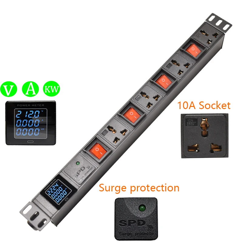 

19 inch universal socket lightning protection ammeter with 4 control output switches and independent switch control