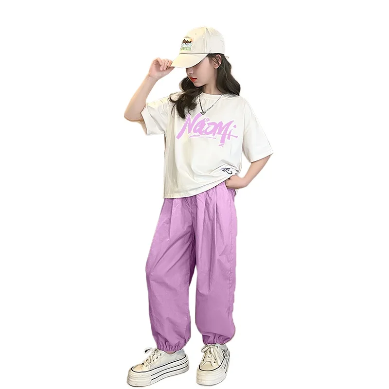 

Летний костюм для девочек, тонкий, 2026, новый, в иностранном стиле, детский летний комплект из двух предметов с коротким рукавом, спортивный летний костюм для девочек старшего возраста