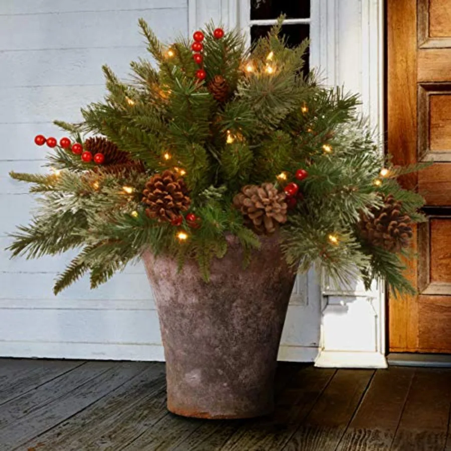 Pre-Lit Colonial Fir Artificial Christmas Urn Filler For Outdoor Use, Green PVC And PE, Green, 35 Warm White LED Lights With Ti