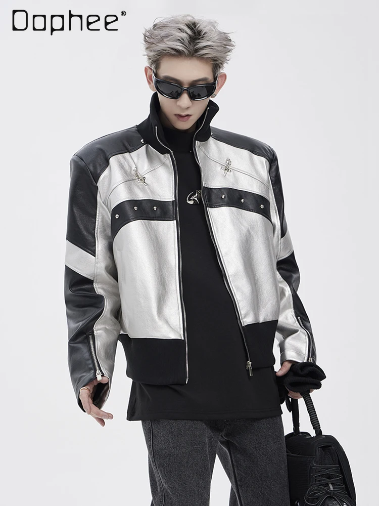 

Spring and Autumn American Retro Metal Buckle Men's Handsome Motorcycle Padded Shoulder Short Black Silver Pu Leather Jacket