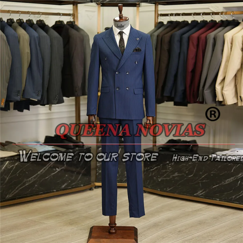 Classic Groom Wedding Suits Fit Slim Double Breasted Men's Blazer Pants 2 Pieces Sets Navy Stripes Man Custom Tuxedos Elegant