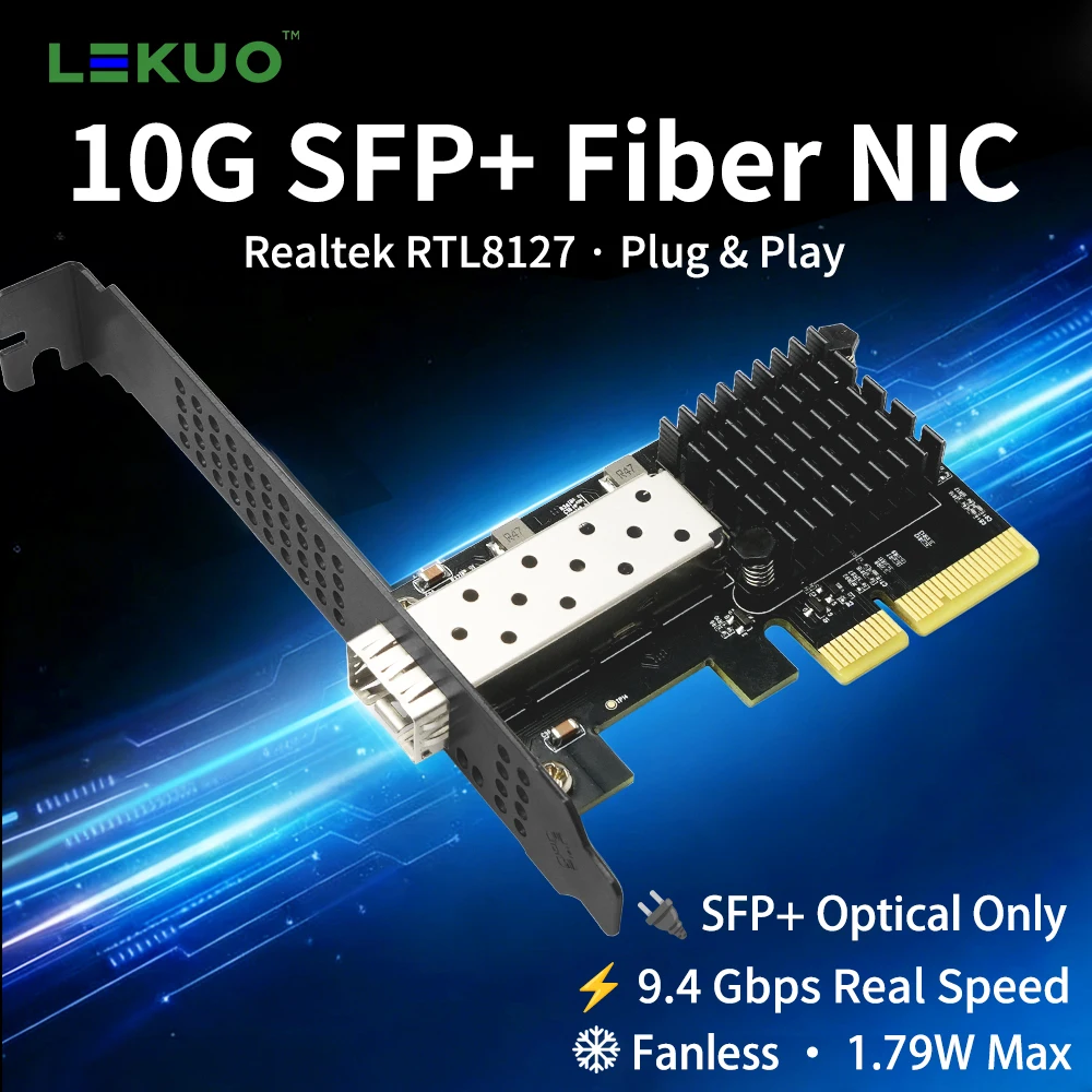 Carte réseau PCIe Lekuo 10G RTL8127 10 Gigabit SFP+ Fibre Optique pour Serveur, Station de Travail, Linux, Windows, Profil Bas