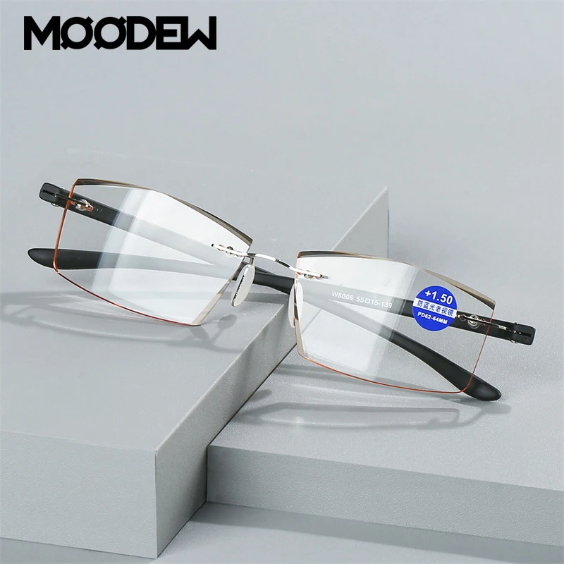 

MOODEW New Fashion Anti-blue Reading Glasses Male Frameless Cutting Rimless, Comfortable Blue Light Blocking Readers for Men