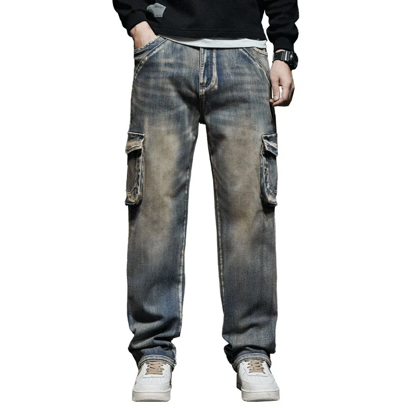 

Mcikkny Men Cargo Vintage Casual Jeans Pants Multi Pockets Skateboard Straight Denim Trousers Size 29-42