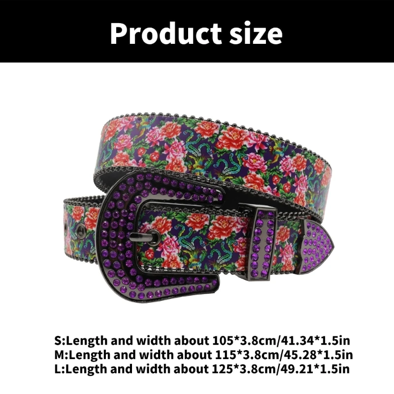 Punk Belt Hand Beading Rhinestones Belt Blingbling Studded Buckle Floral Print M6CD