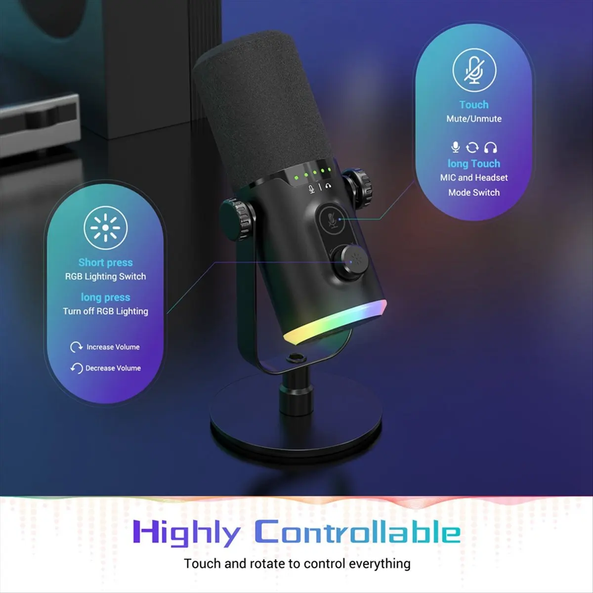 DT550 Mon.Computer Microphone Microphone RGB Dynamic Mai XLR/USB Dual Interface Recording Game LIVE
