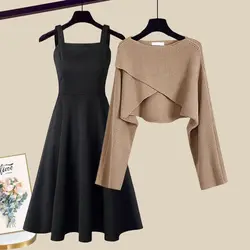 Autumn and Winter Women's Sweater Two Piece Set 2023 New Korean Elegant Solid Knitting Sweater + Sling Long Dress Clothing Suit