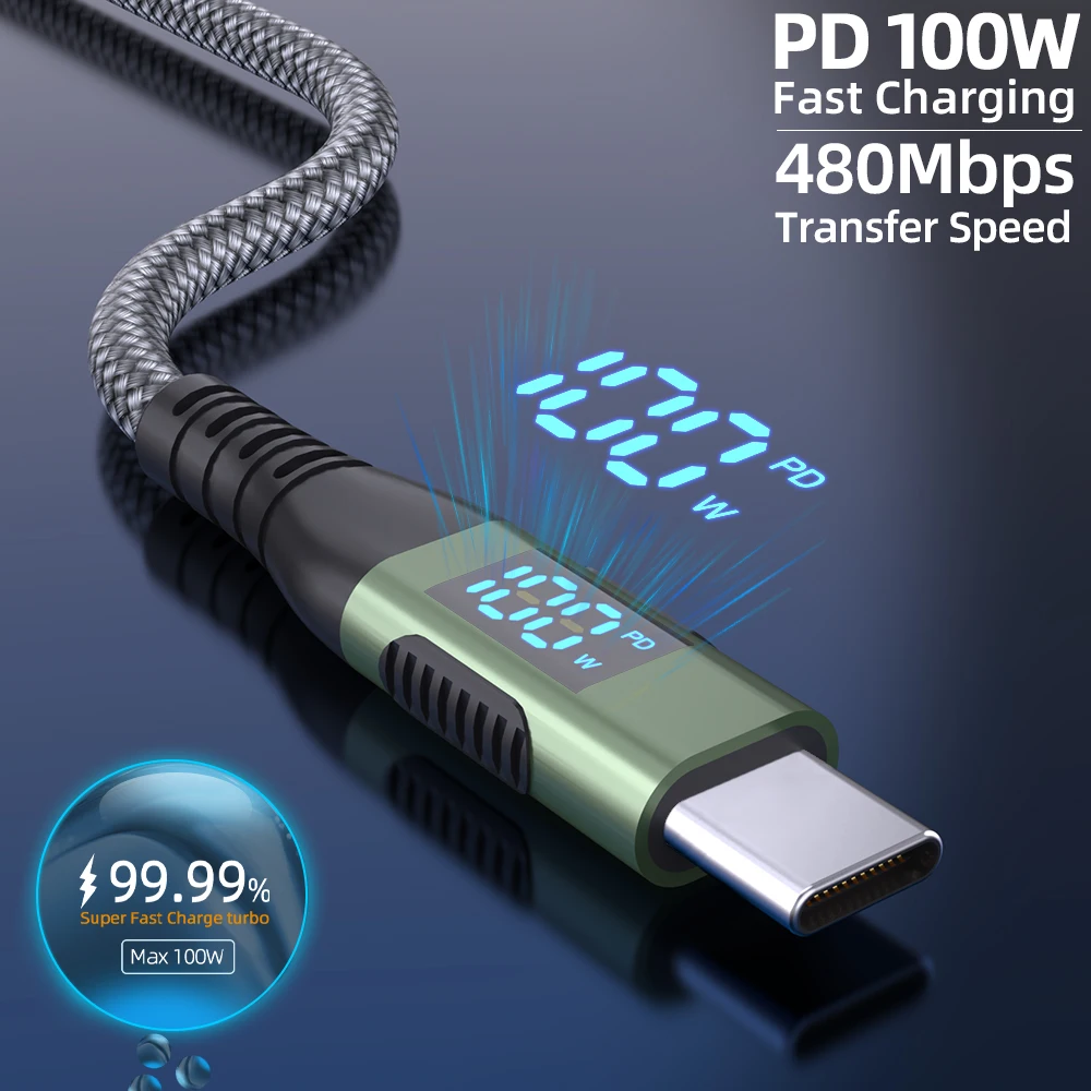 100 واط USB C إلى USB C كابل نوع C PD 5A FastCharging لشاشة LED النايلون مضفر شاحن الحبل آيفون 16 15 ماك بوك باد