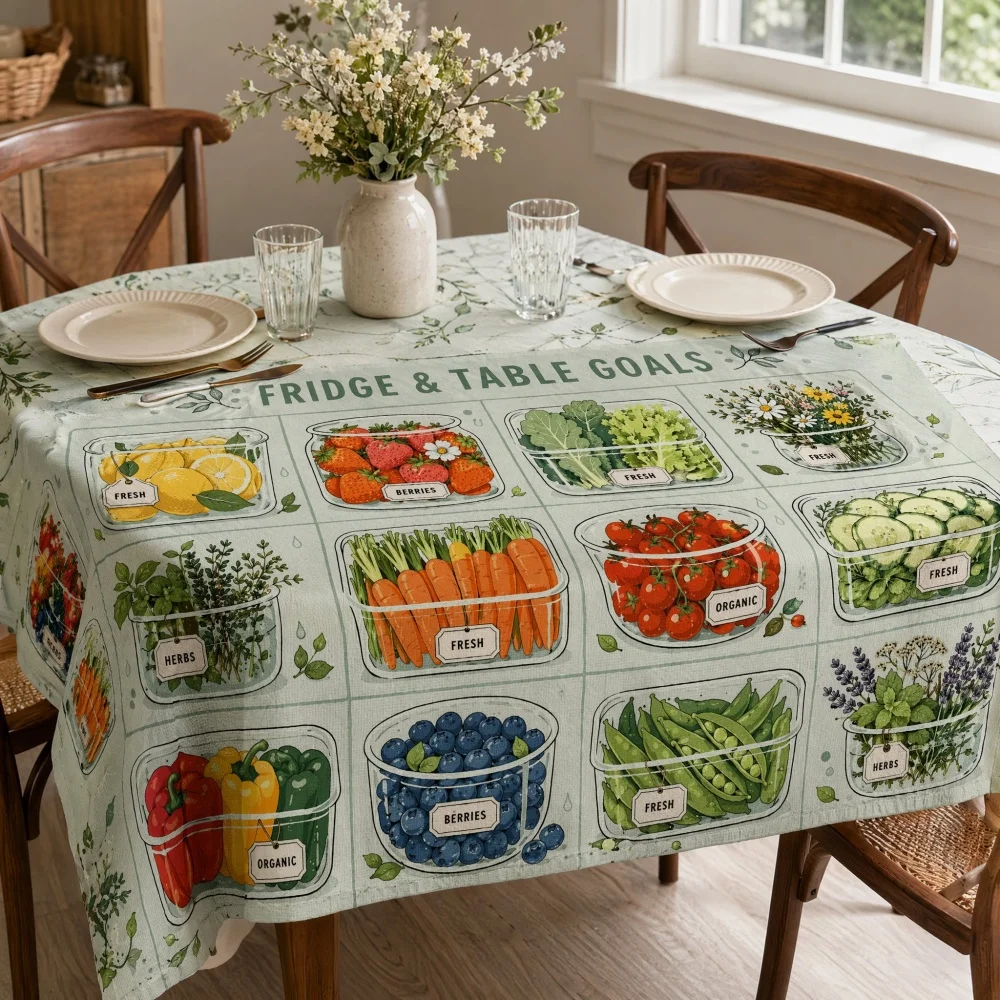 Grid Fruit Vegetable Herb Print Non-Waterproof Tablecloth Wrinkle Resistant Rectangular Farmhouse Kitchen Dining Table Cover