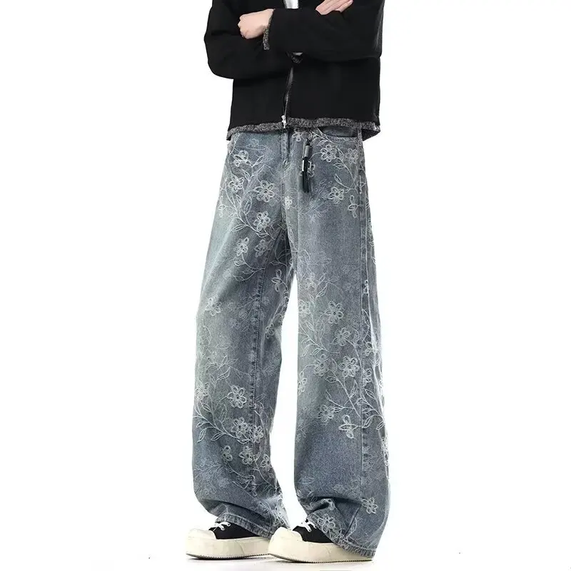 

American High Street Retro Vibe Embroidered Denim Pants Men's Women's Loose Straight Leg Micro Flared Long Trousers