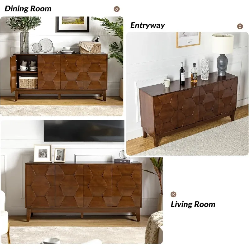 ตู้บุฟเฟ่ต์ไซด์บอร์ด Mid Century พร้อมขาไม้เนื้อแข็ง ตู้เก็บของในครัว 60 นิ้ว Credenza 4 ประตูและ 2 วินาที