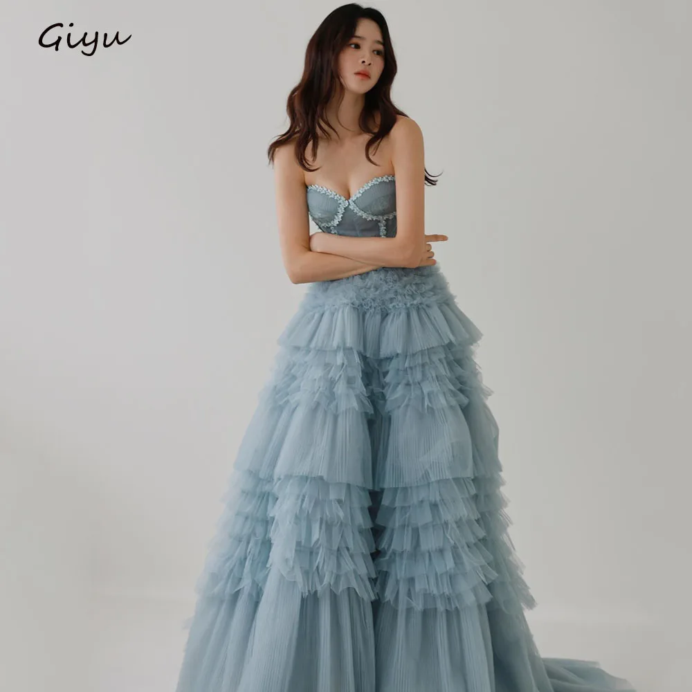 Giyu A-line Multi-la Korea Wedding Dress Photo Shoot Blue Sweetheart Collar Bridal Gown Floor-Length Evening Gown Dress