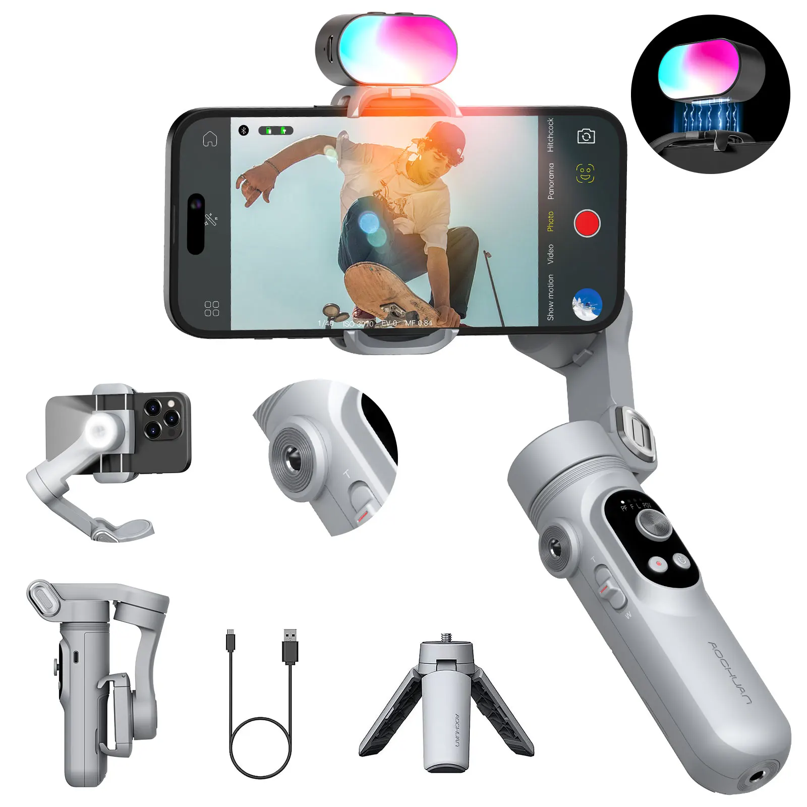 Gimbal Stabilizer for Smartphone Light Face Tracking Inception Timelapse Foldable 3Axis Gimble for phone AOCHUAN SmartX Gray