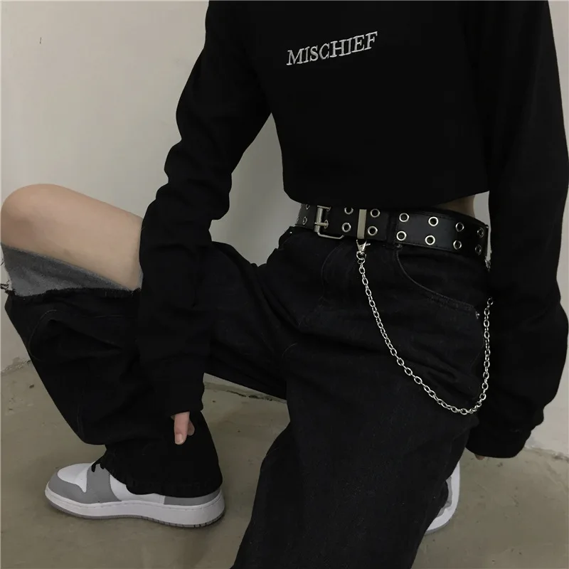 이불 Hip Hop Chain Tassel Belts Punk Studded Pin Buckle PU Belt Y2K Unisex Black Casual PU Jeans Pants Belt For Women Men